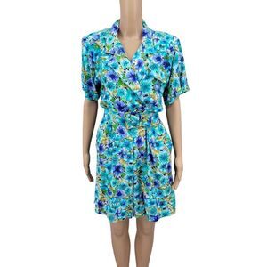 Sarah Taylor Vintage Granny Floral Teal Blue Women's Belted Romper
